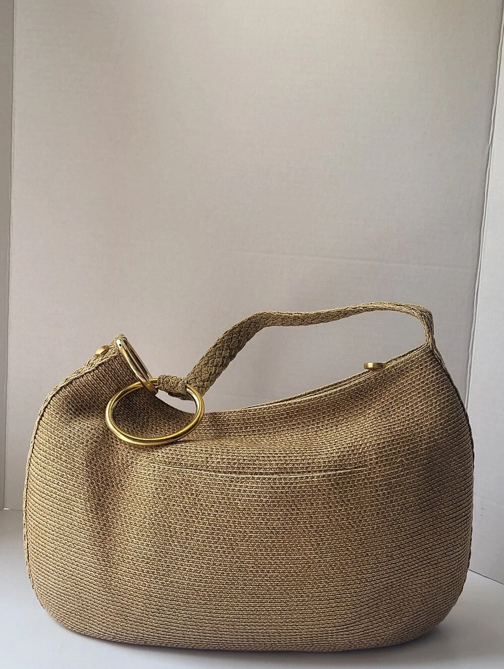 Eric Javits Squishee Tan Woven Hobo Shoulder Bag Gold Ring EUC